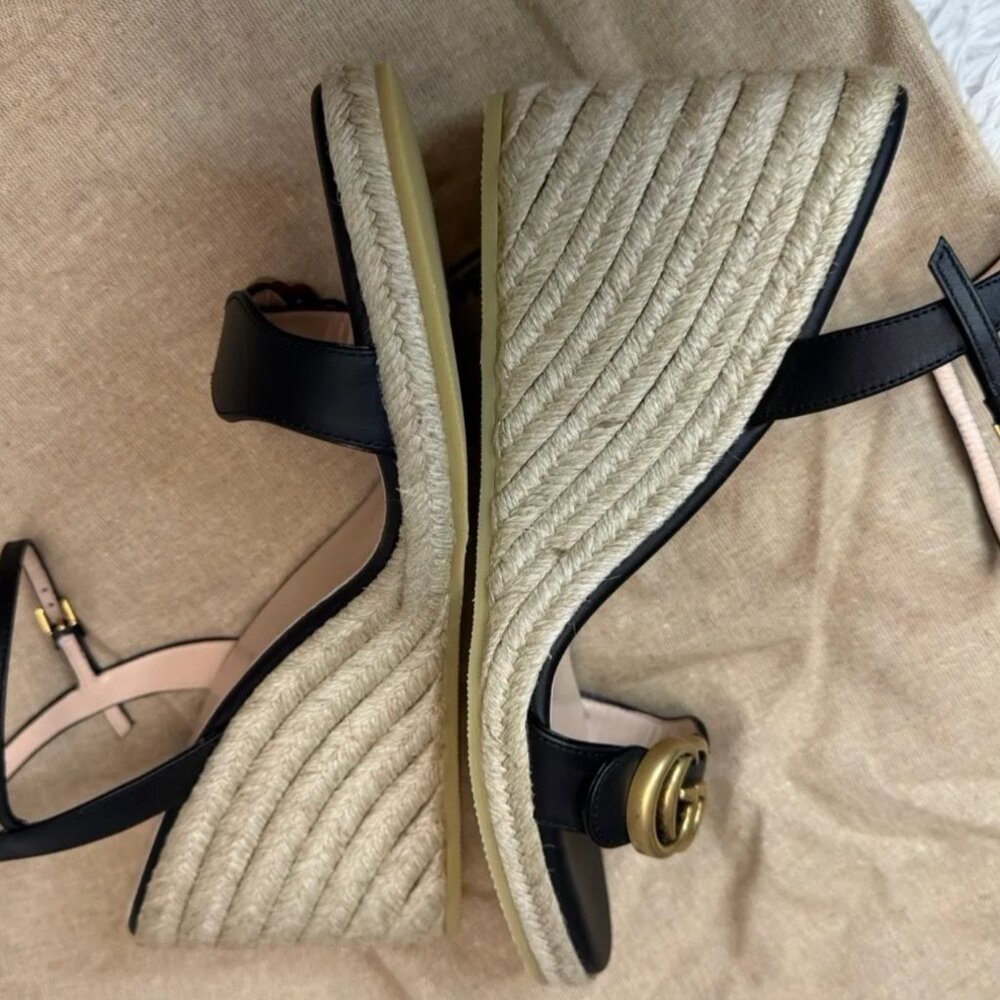 Gucci Aitana GG Marmont Black Leather Espadrille Wedge Sandals Size 41 US 11 - Picture 8 of 10